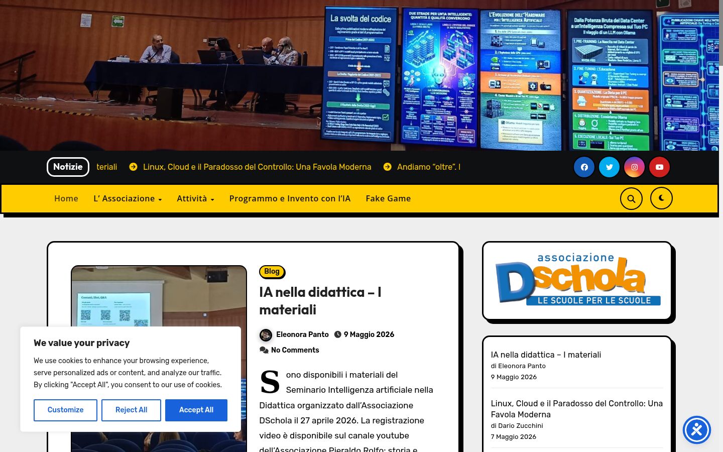 Screenshot del banner di consenso mostrato prima di qualsiasi interazione
