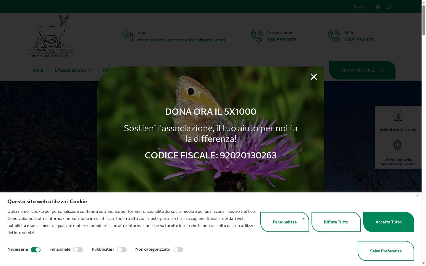 Screenshot del banner di consenso mostrato prima di qualsiasi interazione