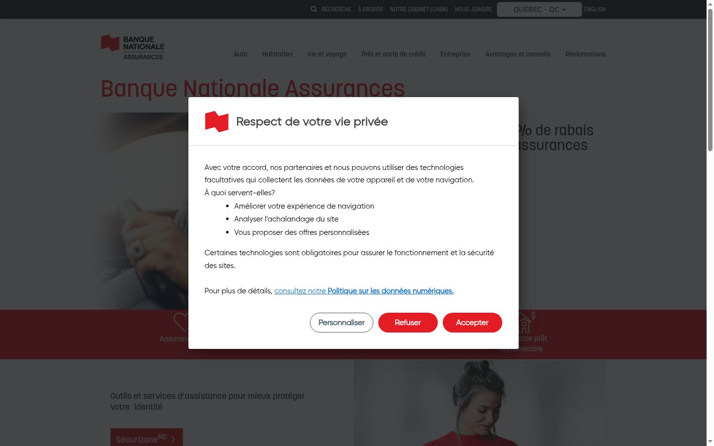 Skærmbillede af samtykkebanneret, som det blev vist før nogen interaktion