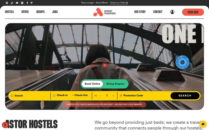 Captură de ecran a astorhostels.com