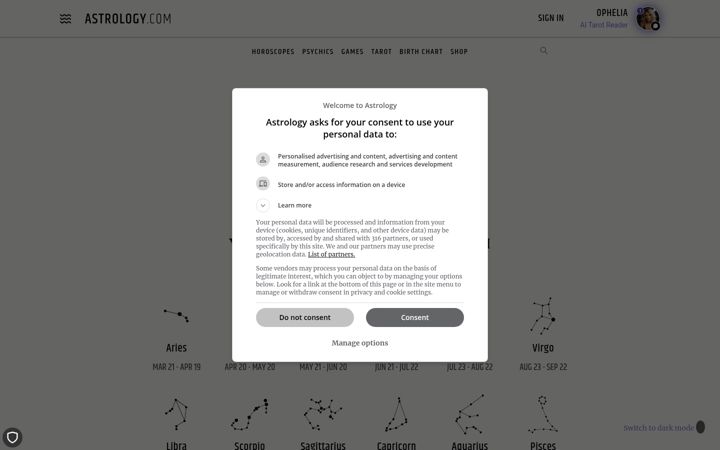 Ekrano kopija astrology.com