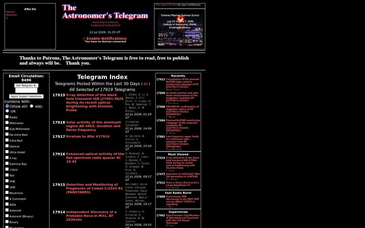 Screenshot of astronomerstelegram.org