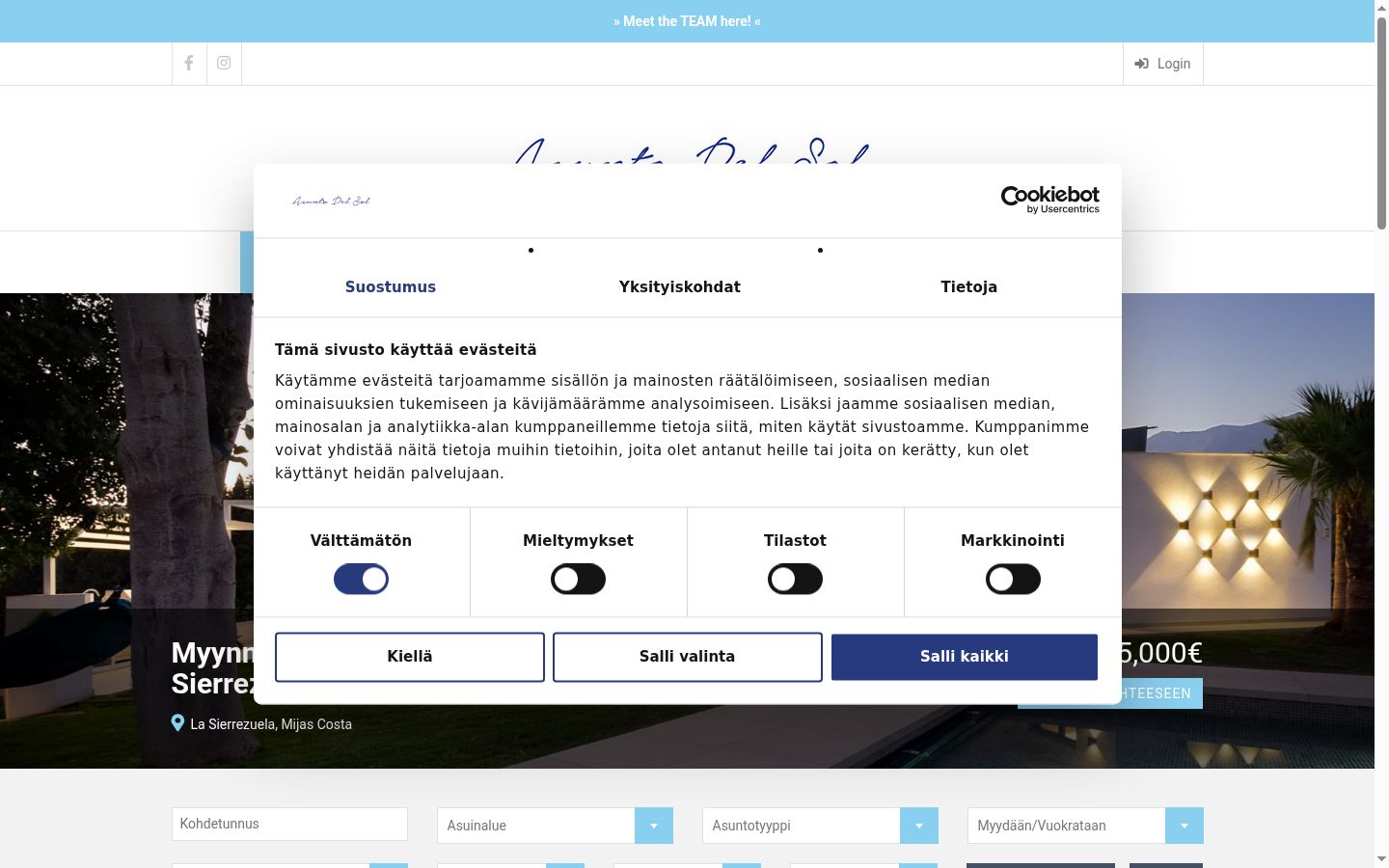 Kuvakaappaus suostumusbannerista, joka näytettiin ennen mitään vuorovaikutusta