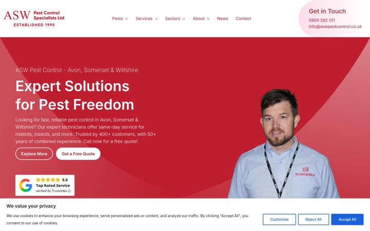 Kuvakaappaus sivustosta aswpestcontrol.co.uk