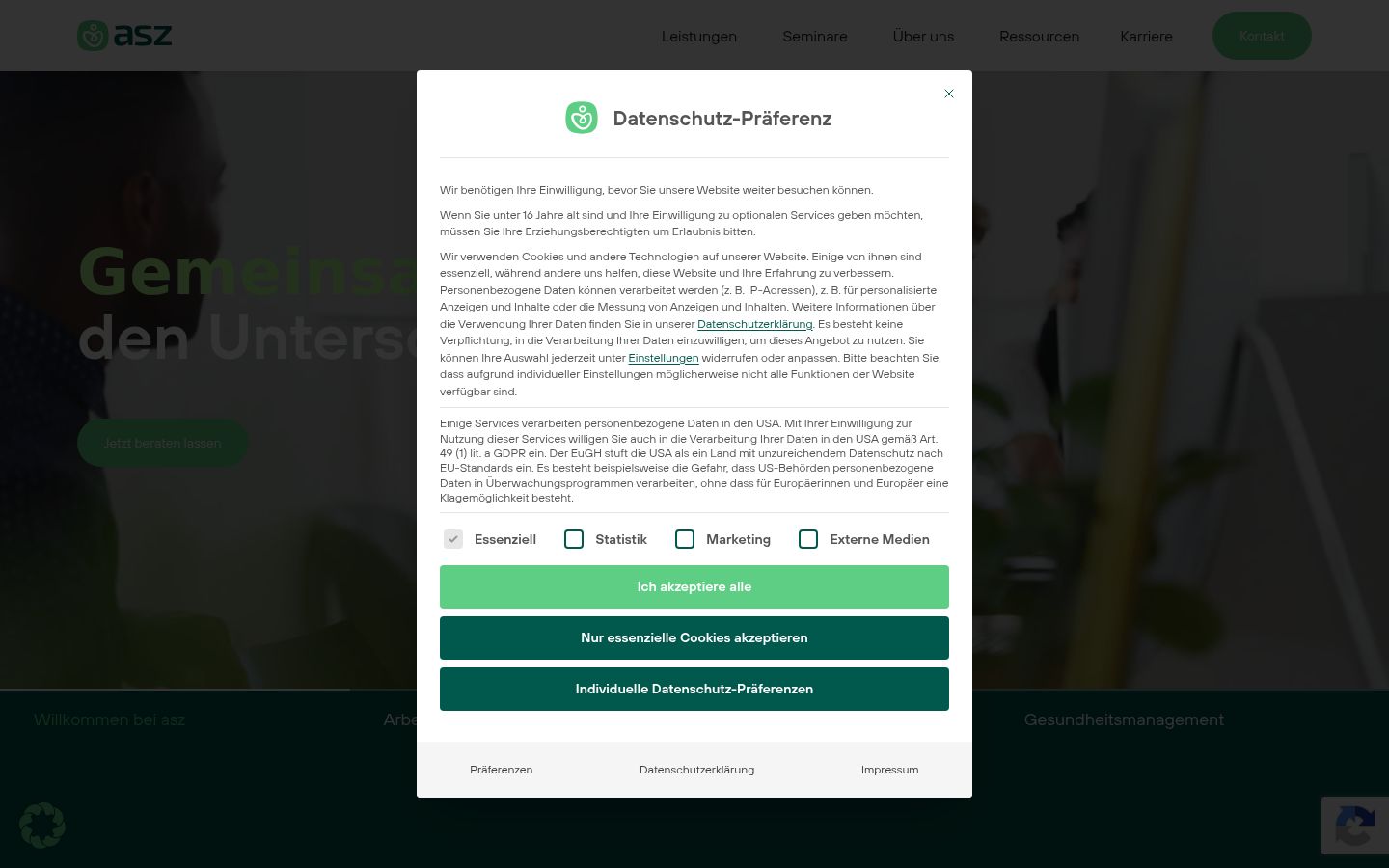 Screenshot des Einwilligungsbanners vor jeglicher Interaktion