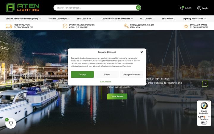 Skärmbild av atenlighting.co.uk