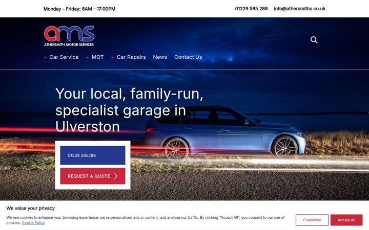 Ekrānuzņēmums no athersmithmotorservices.co.uk