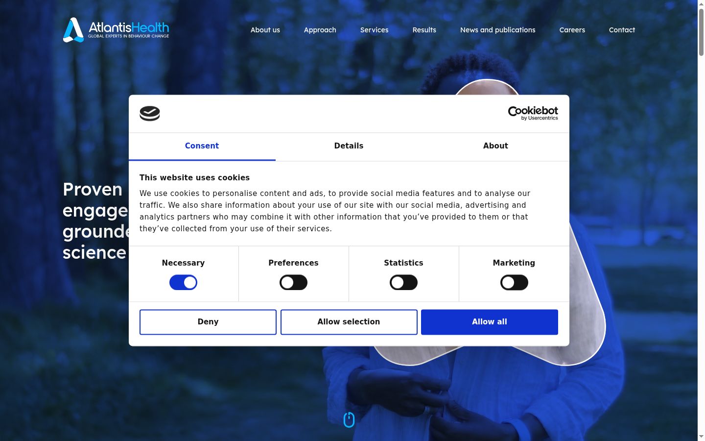 Screenshot del banner di consenso mostrato prima di qualsiasi interazione