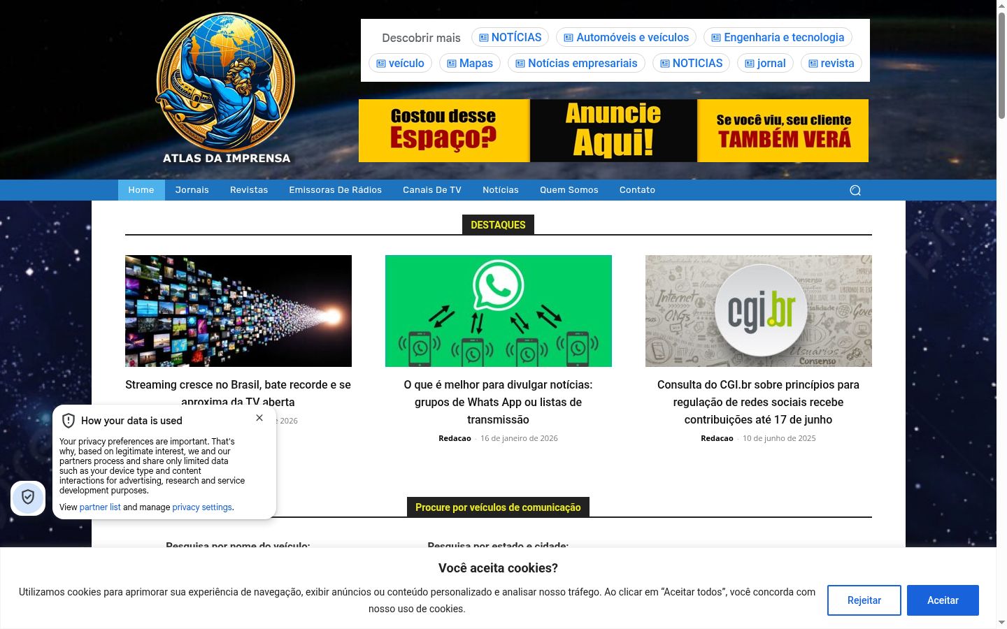 Screenshot des Einwilligungsbanners vor jeglicher Interaktion
