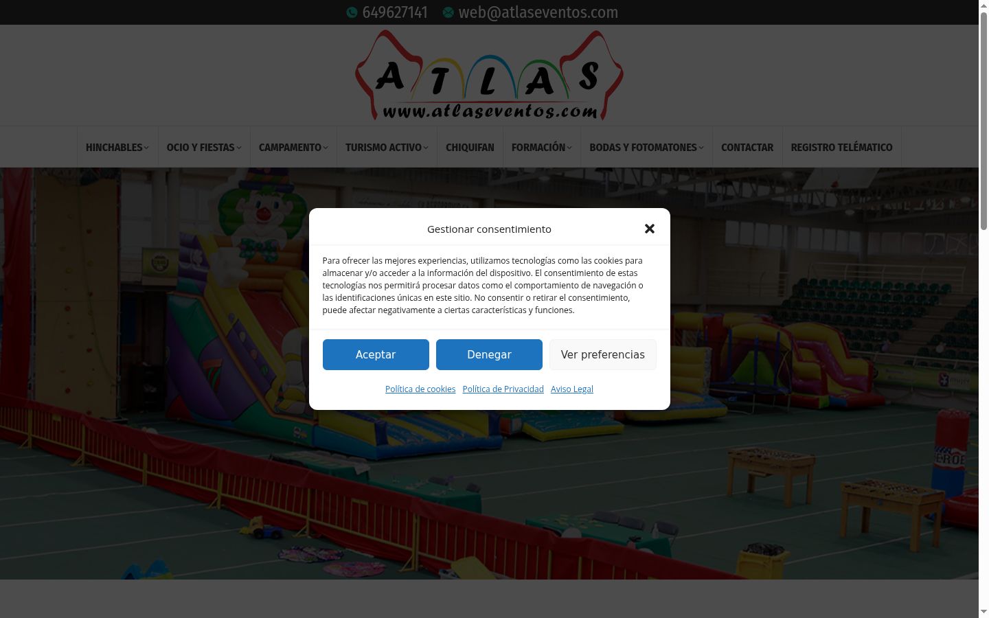 Captura de ecrã do banner de consentimento apresentado antes de qualquer interação