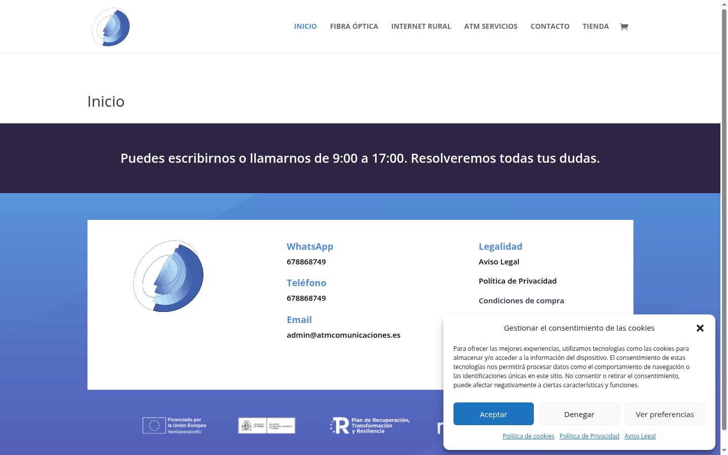 Captura de pantalla del banner de consentimiento mostrado antes de cualquier interacción