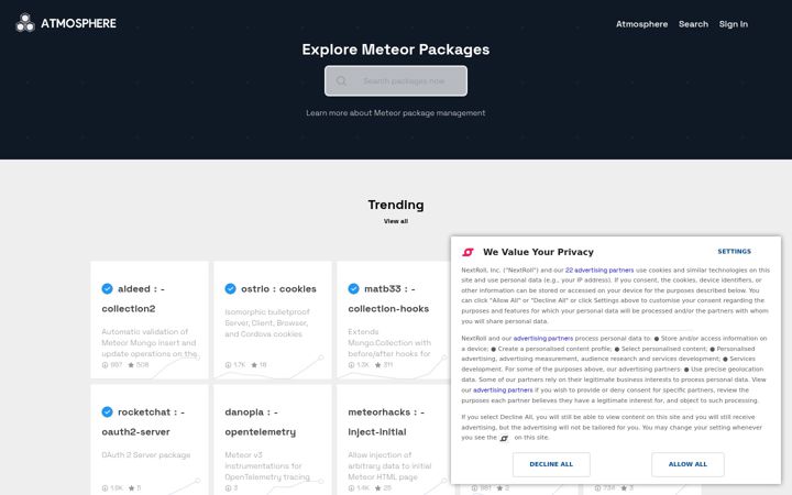 Screenshot of atmospherejs.com