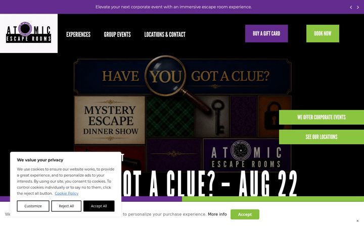 Screenshot stránky atomicescaperooms.com