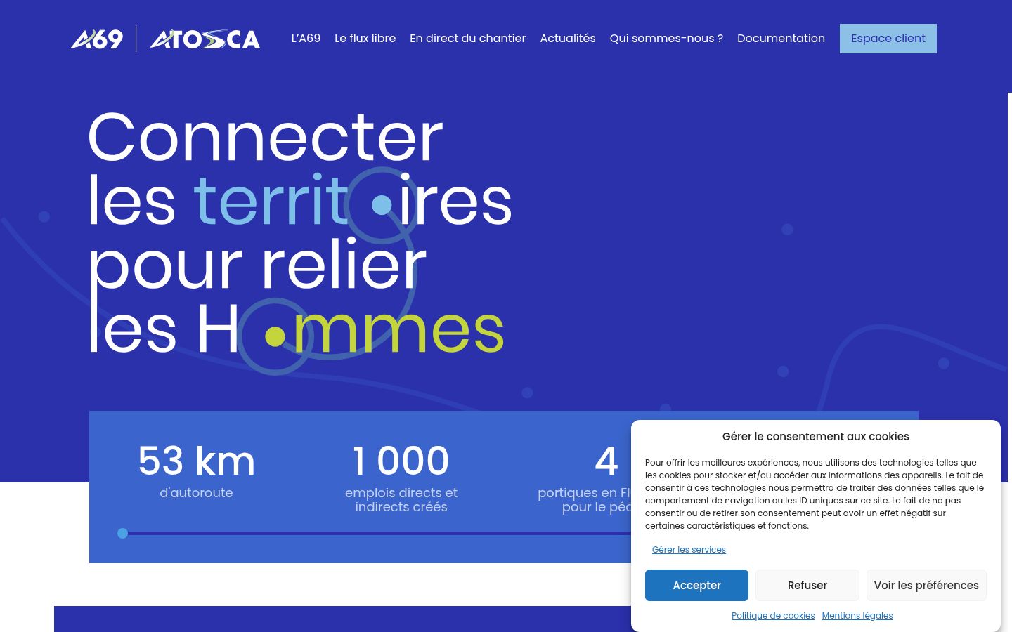 Capture d'écran de la bannière de consentement affichée avant toute interaction