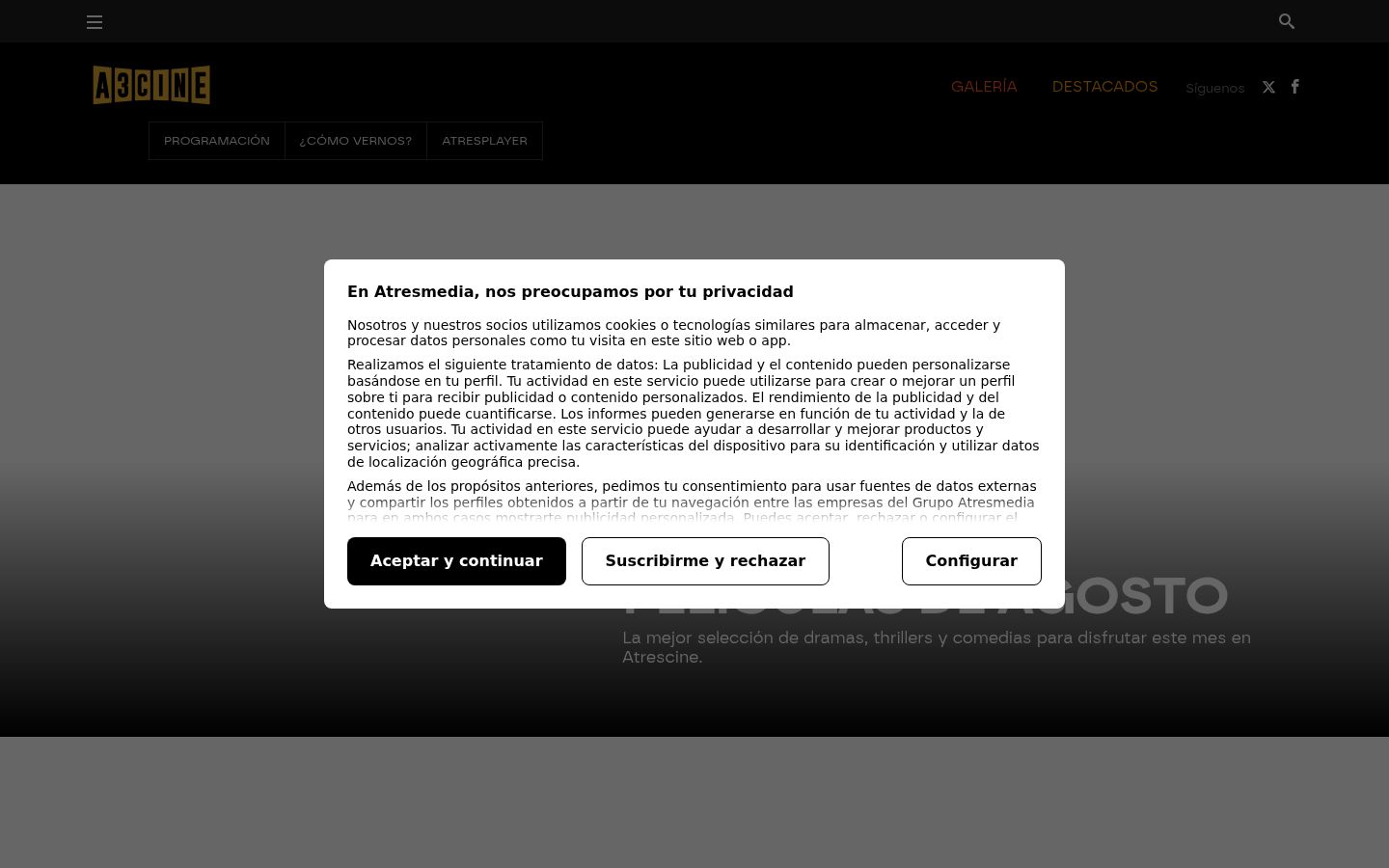 Captura de pantalla del banner de consentimiento mostrado antes de cualquier interacción