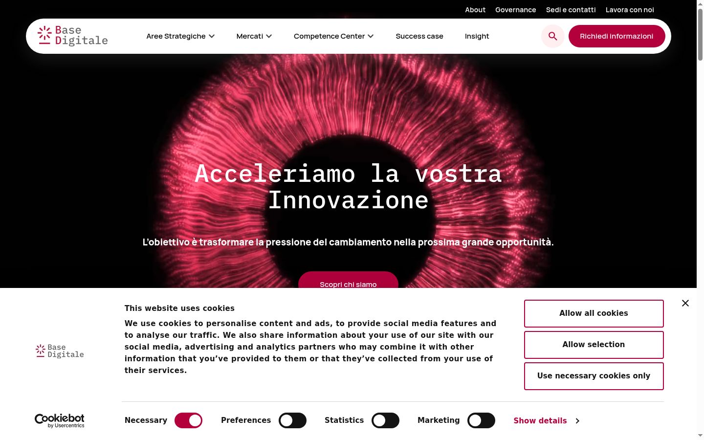 Screenshot del banner di consenso mostrato prima di qualsiasi interazione