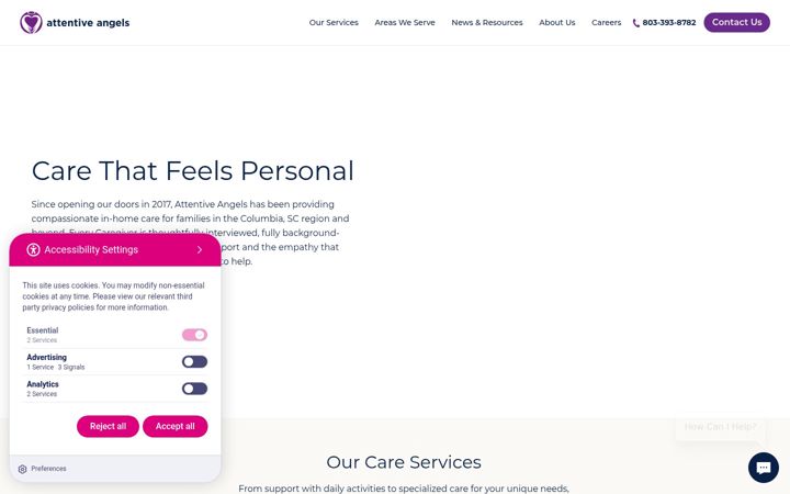 Screenshot of attentiveangelshomecare.com