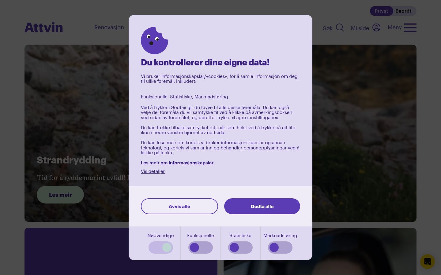 Skärmbild av samtyckesbannern som visades före någon interaktion