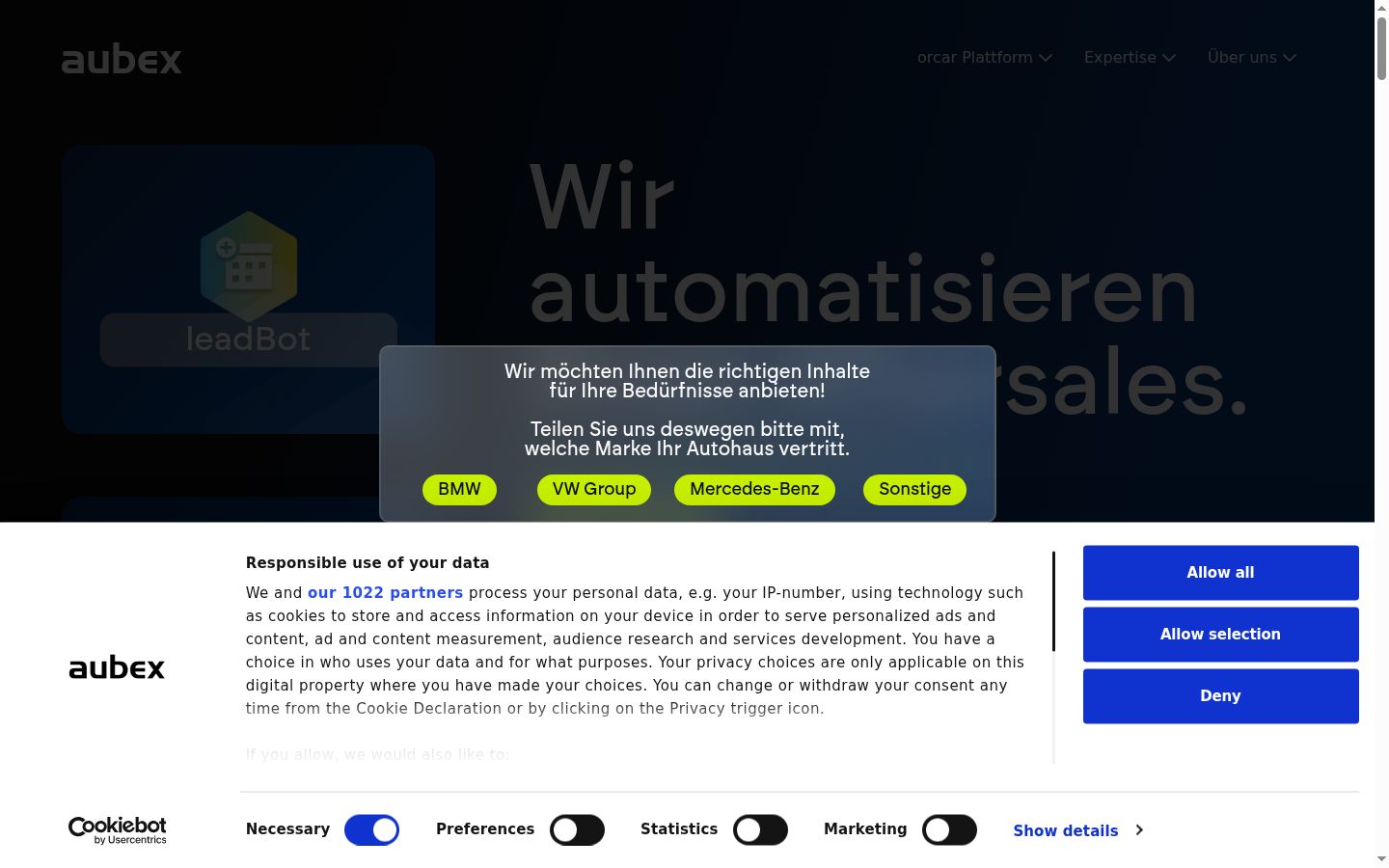 Screenshot des Einwilligungsbanners vor jeglicher Interaktion
