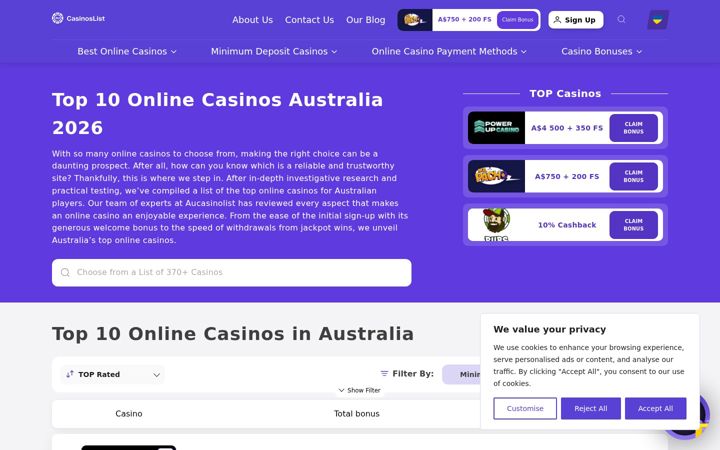 Screenshot of aucasinoslist.com