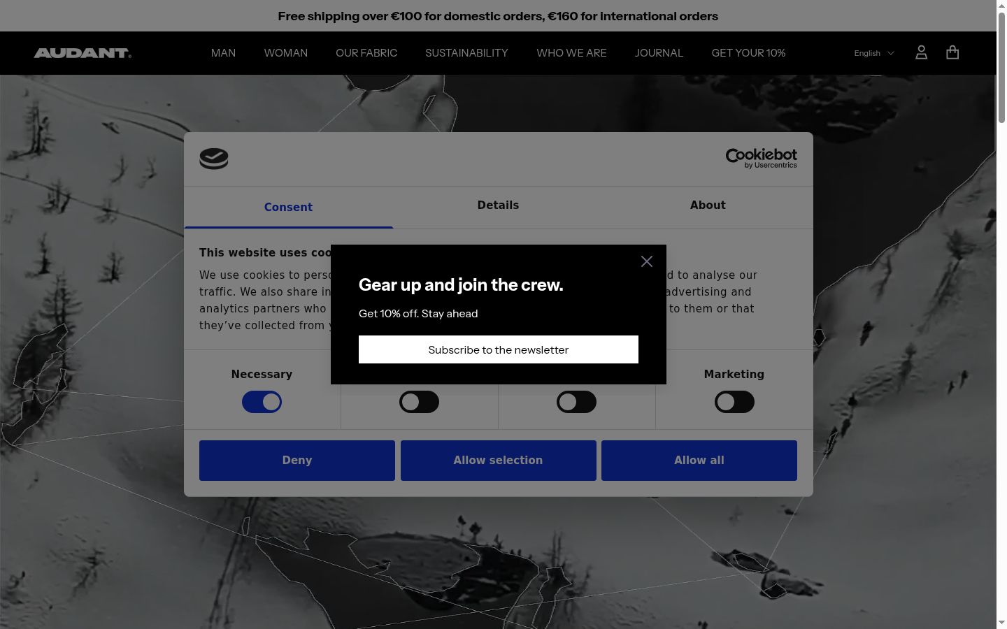 Screenshot del banner di consenso mostrato prima di qualsiasi interazione