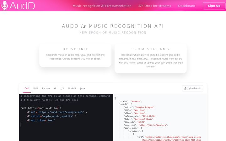 Screenshot of audd.io