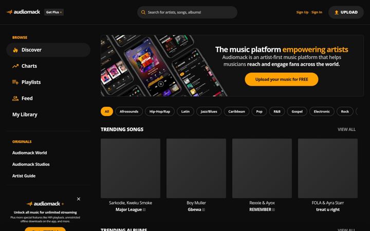 Captura de pantalla de audiomack.com
