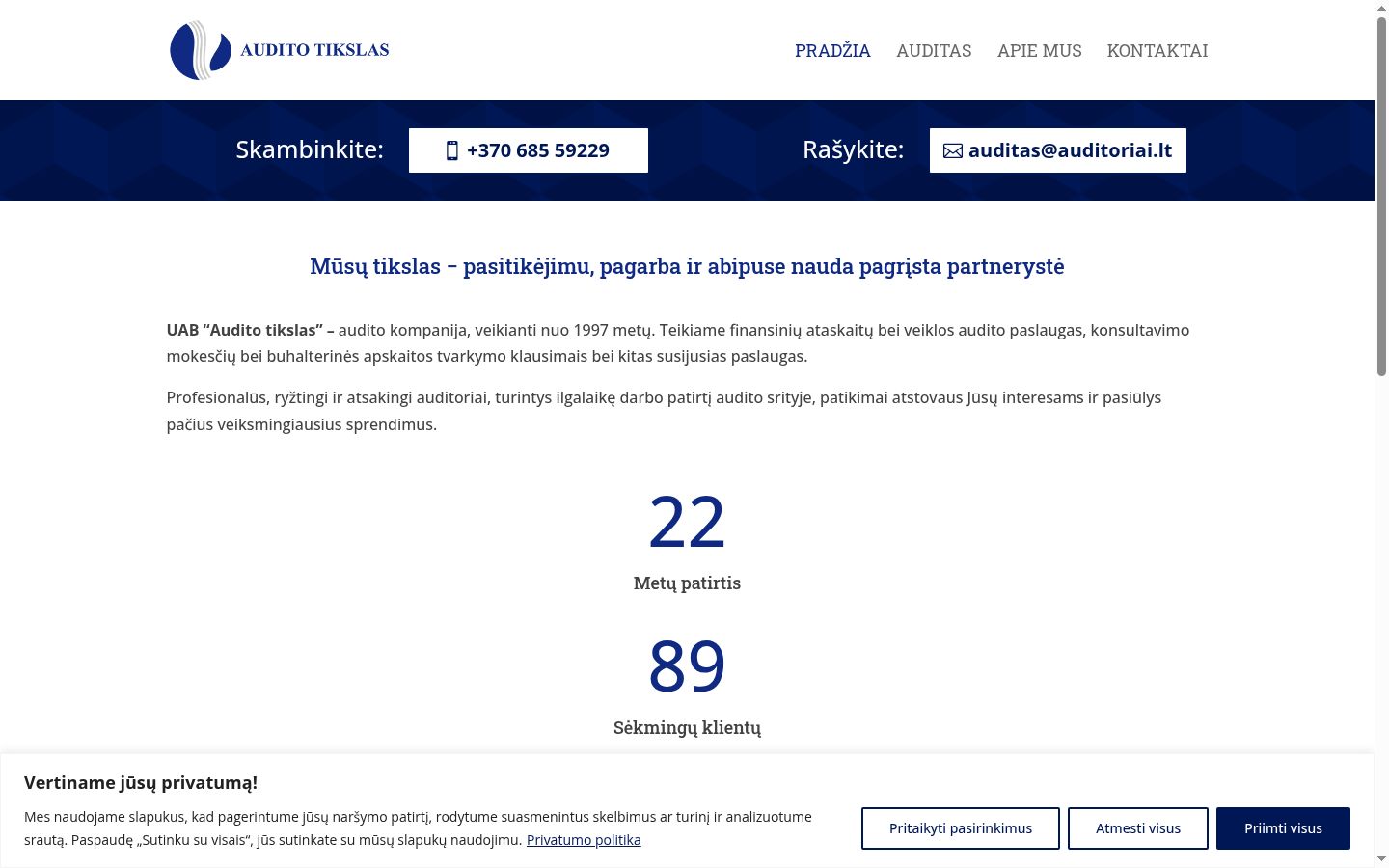 Sutikimo reklamjuostės, rodytos prieš bet kokią sąveiką, ekrano kopija