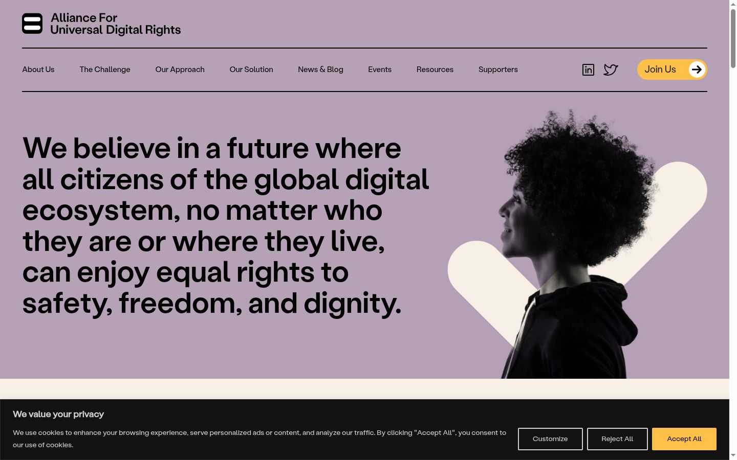 Captura de ecrã do banner de consentimento apresentado antes de qualquer interação