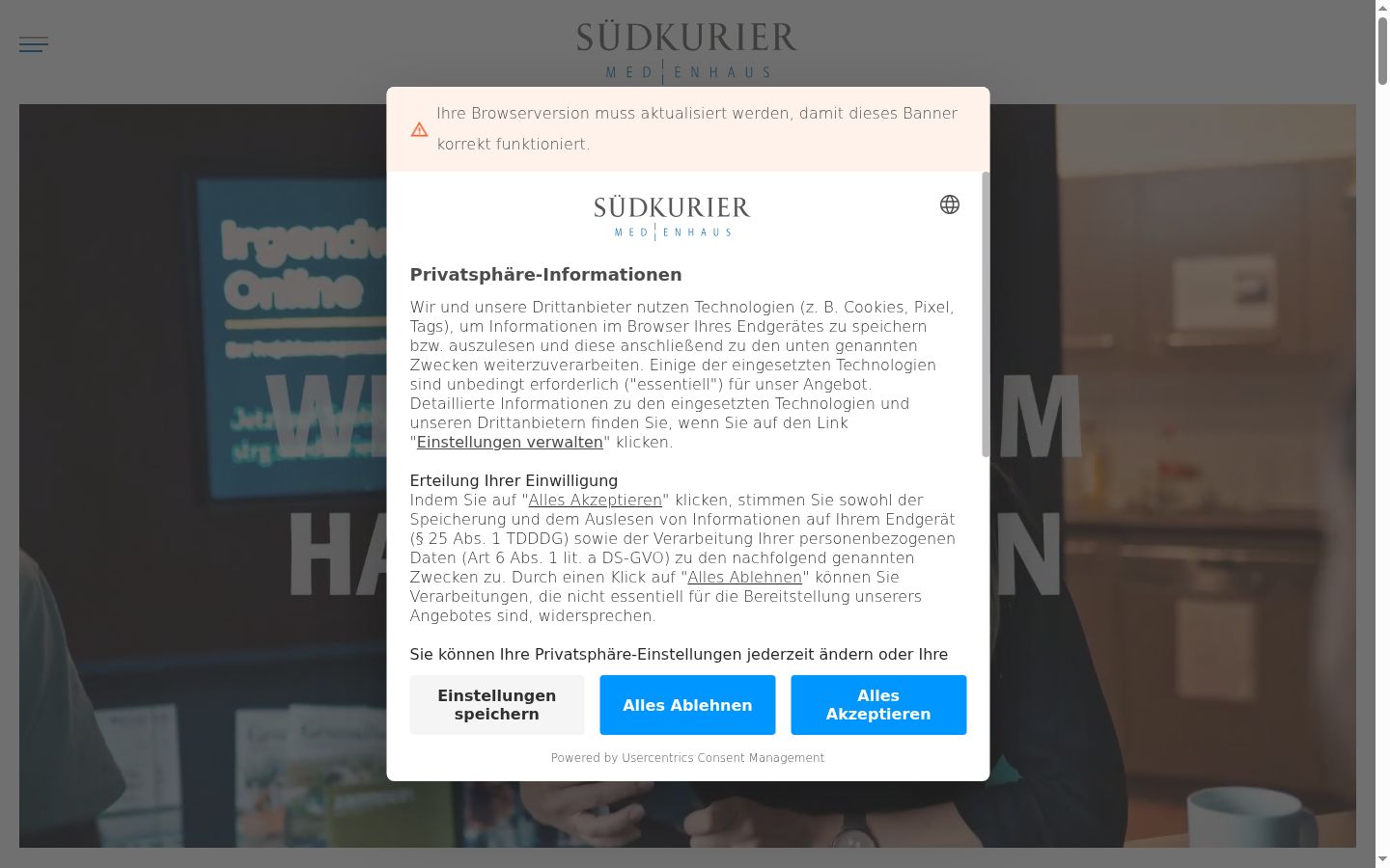 Skærmbillede af samtykkebanneret, som det blev vist før nogen interaktion
