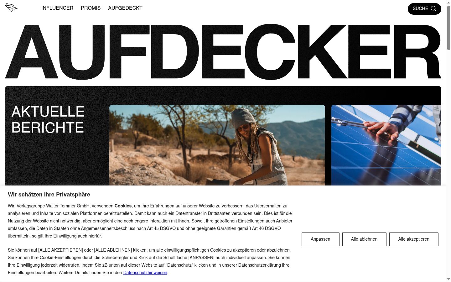 Screenshot des Einwilligungsbanners vor jeglicher Interaktion