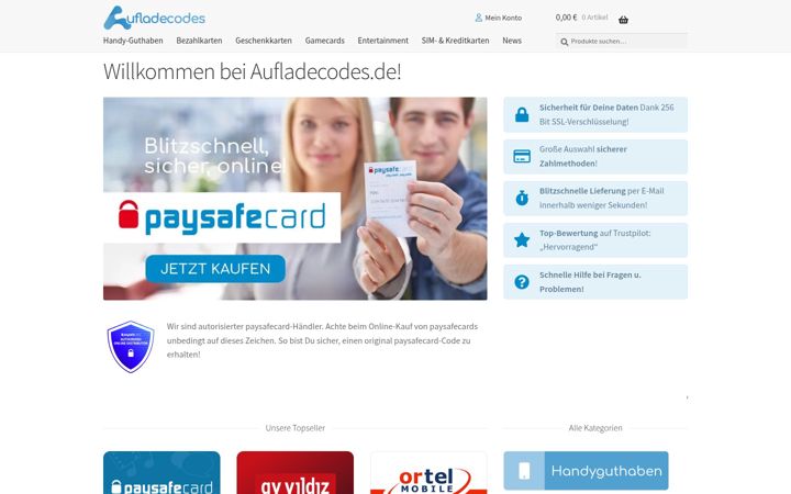 Skærmbillede af aufladecodes.de