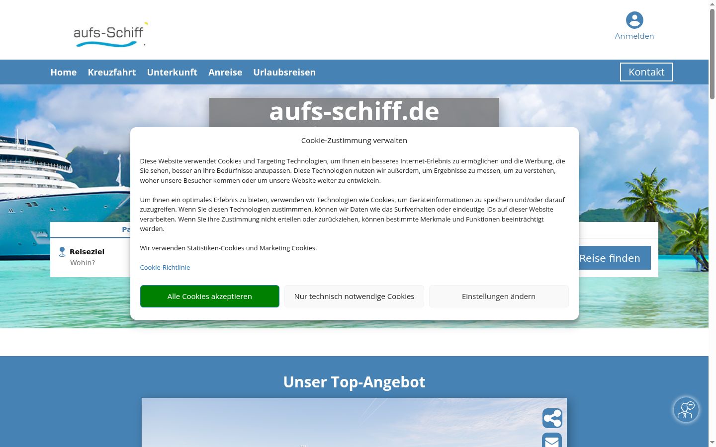 Screenshot des Einwilligungsbanners vor jeglicher Interaktion