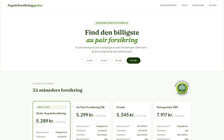 Screenshot of aupairforsikringspriser.dk