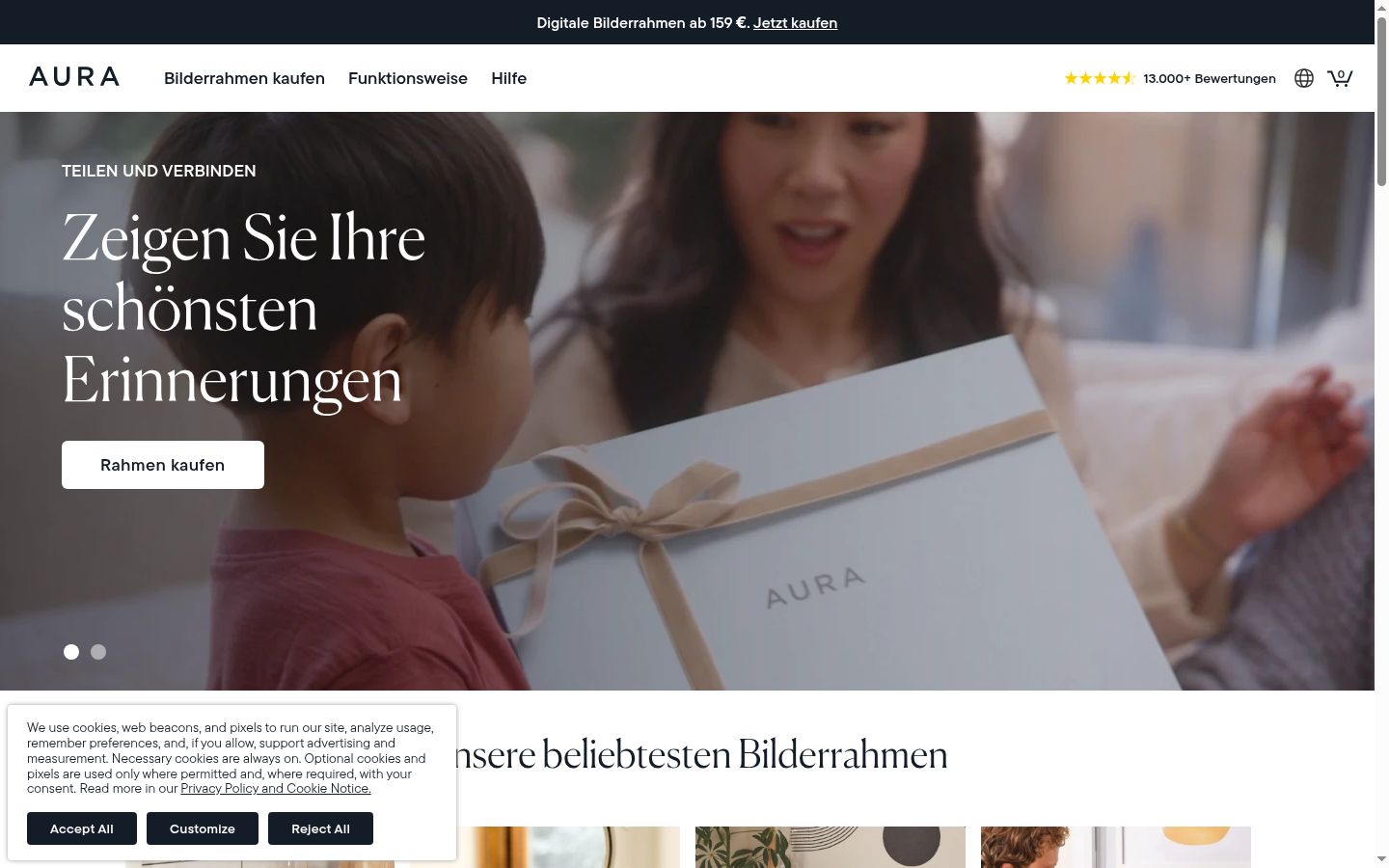 Skærmbillede af samtykkebanneret, som det blev vist før nogen interaktion
