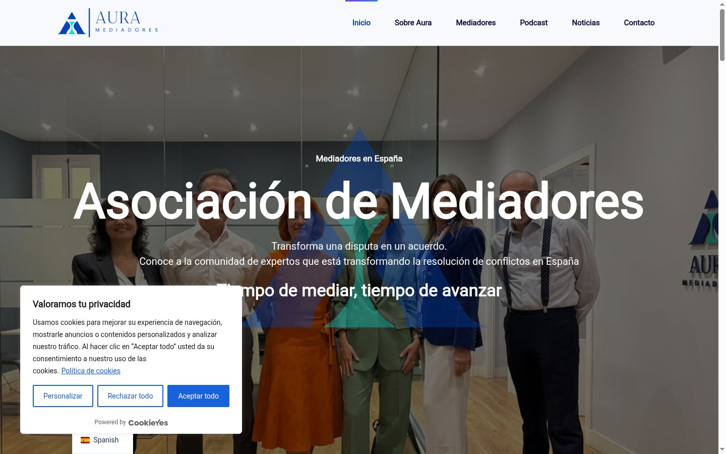 Captura de pantalla del banner de consentimiento mostrado antes de cualquier interacción