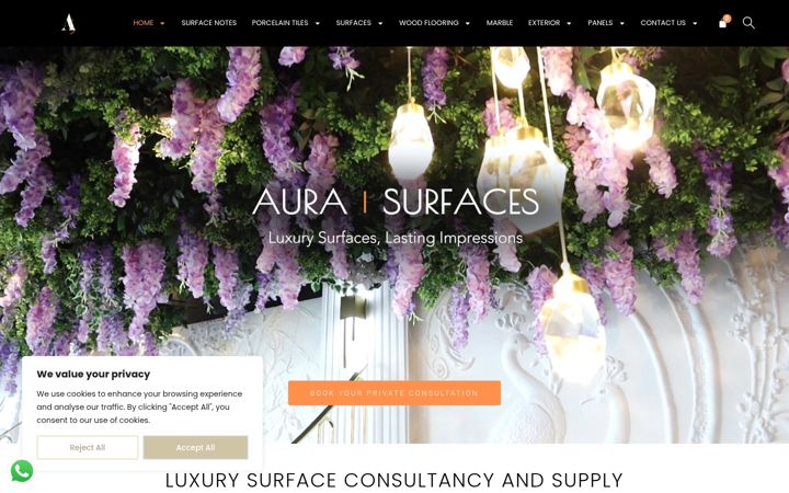 Screenshot of aurasurfaces.uk