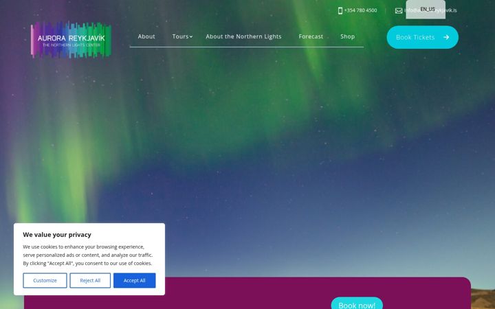 Screenshot of aurorareykjavik.is