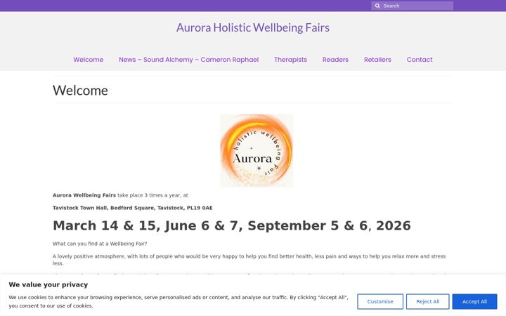 Screenshot of aurorawellbeingfairs.uk