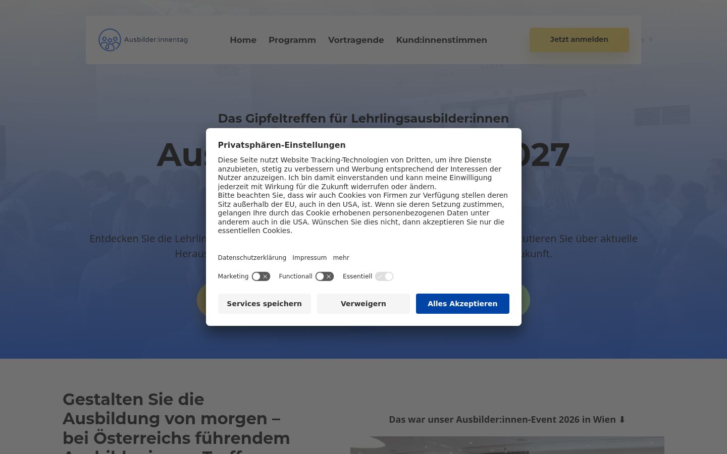 Screenshot des Einwilligungsbanners vor jeglicher Interaktion