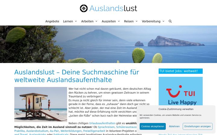 Snímek obrazovky auslandslust.de