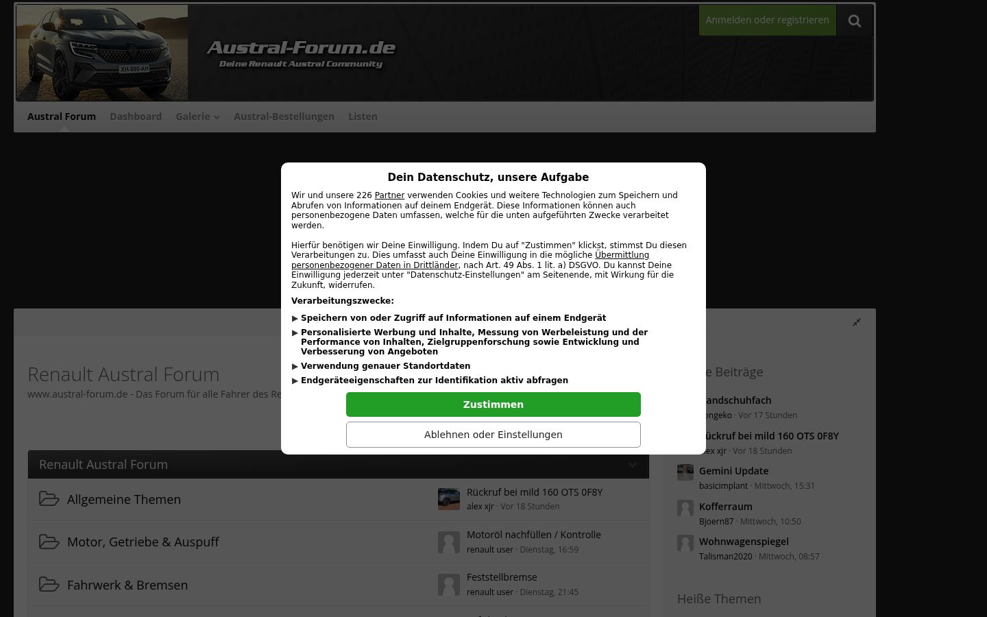 Screenshot des Einwilligungsbanners vor jeglicher Interaktion
