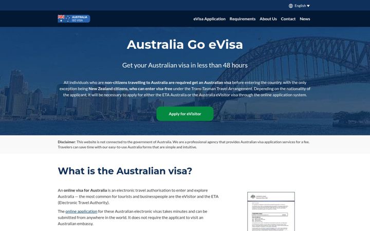 Snímek obrazovky australiagoevisa.com