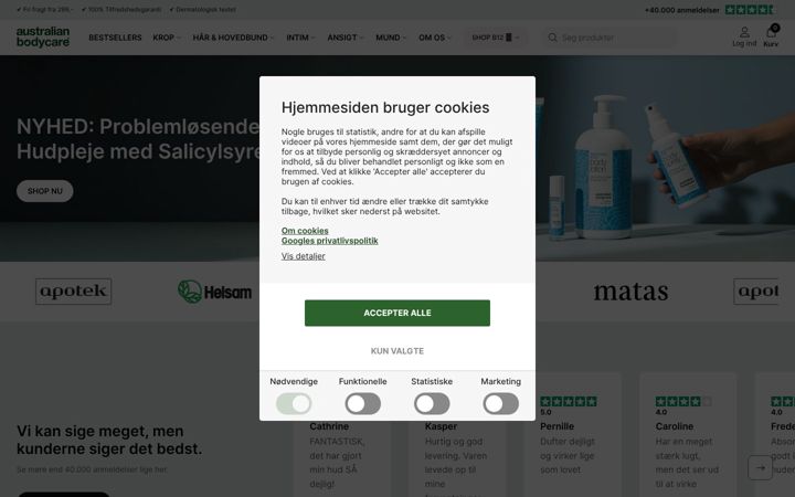 Screenshot ta' australian-bodycare.dk