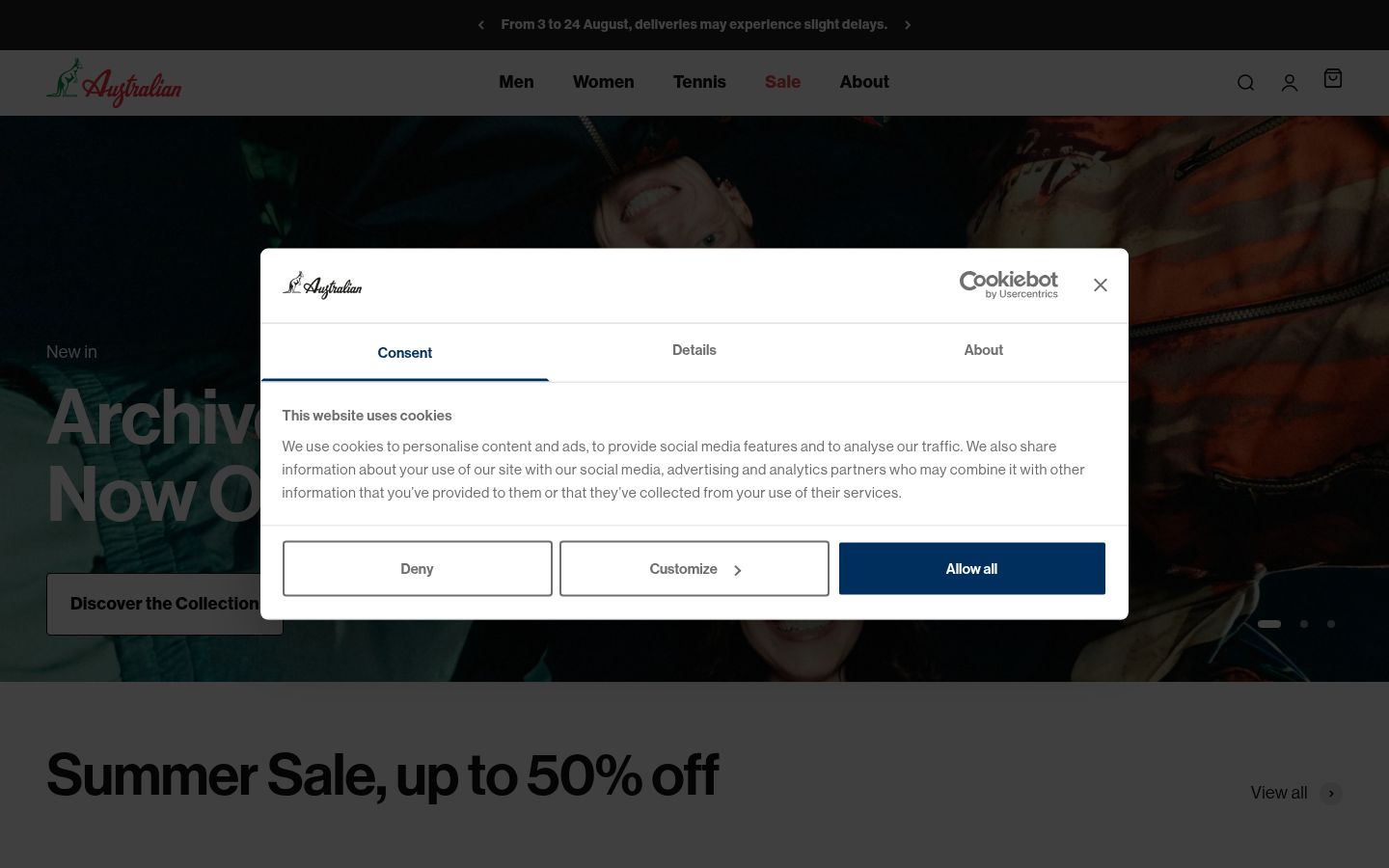Screenshot del banner di consenso mostrato prima di qualsiasi interazione
