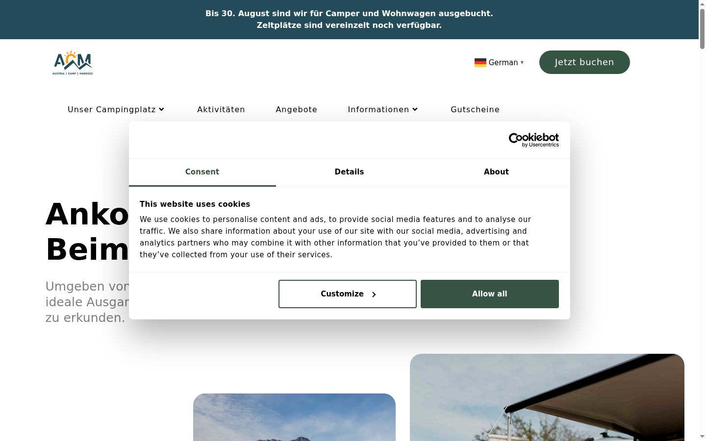Screenshot des Einwilligungsbanners vor jeglicher Interaktion