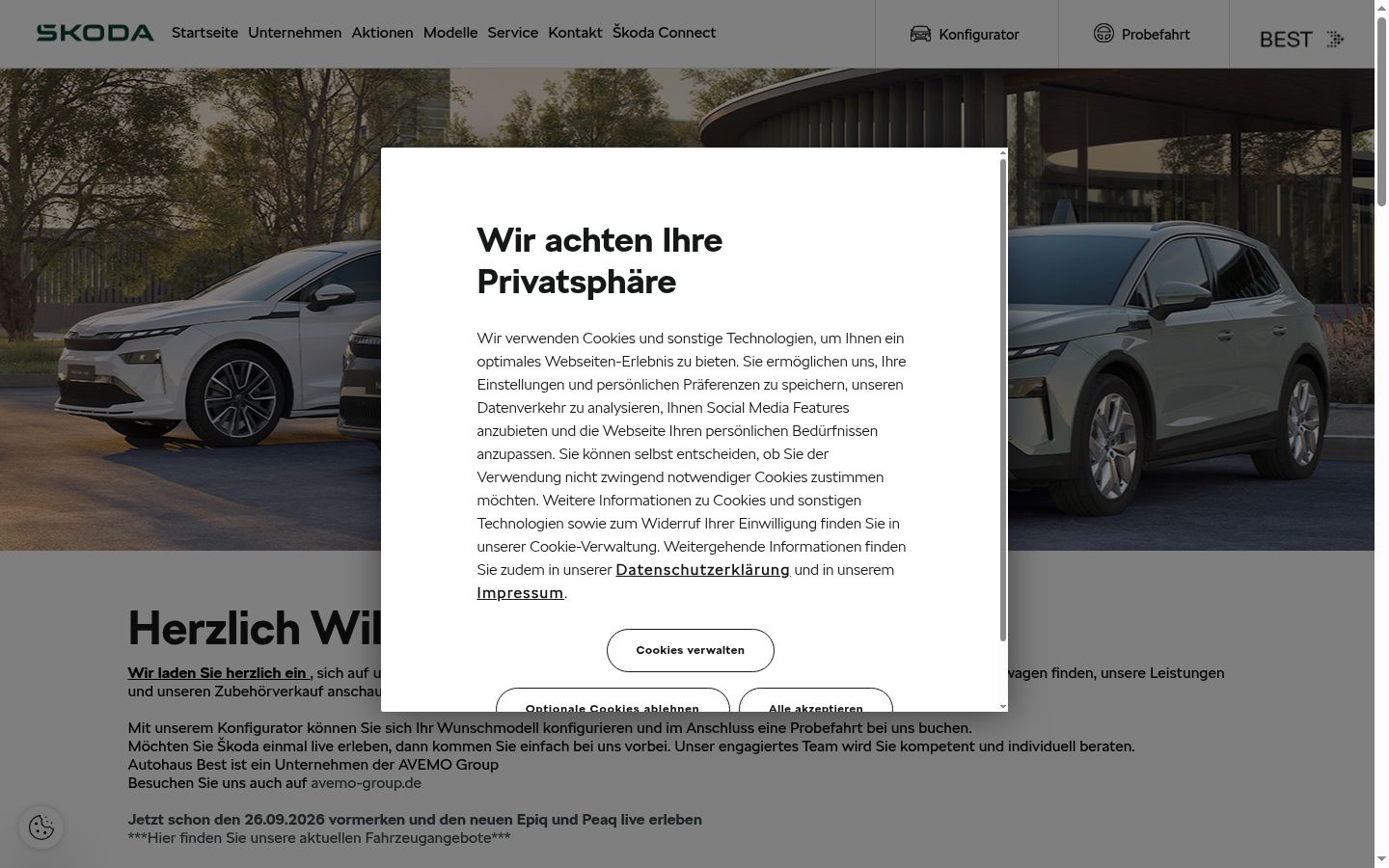 Screenshot des Einwilligungsbanners vor jeglicher Interaktion