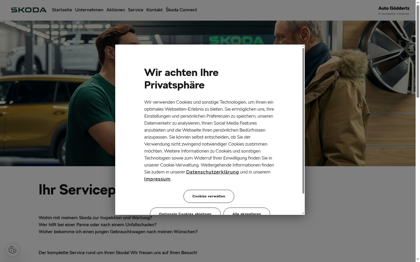 Screenshot des Einwilligungsbanners vor jeglicher Interaktion