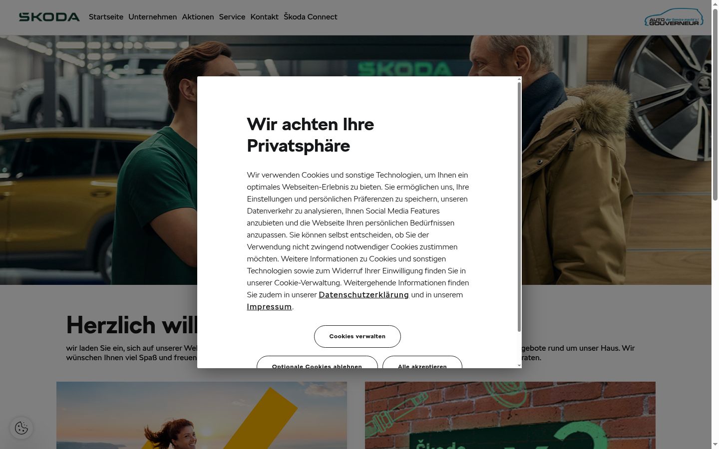 Screenshot des Einwilligungsbanners vor jeglicher Interaktion