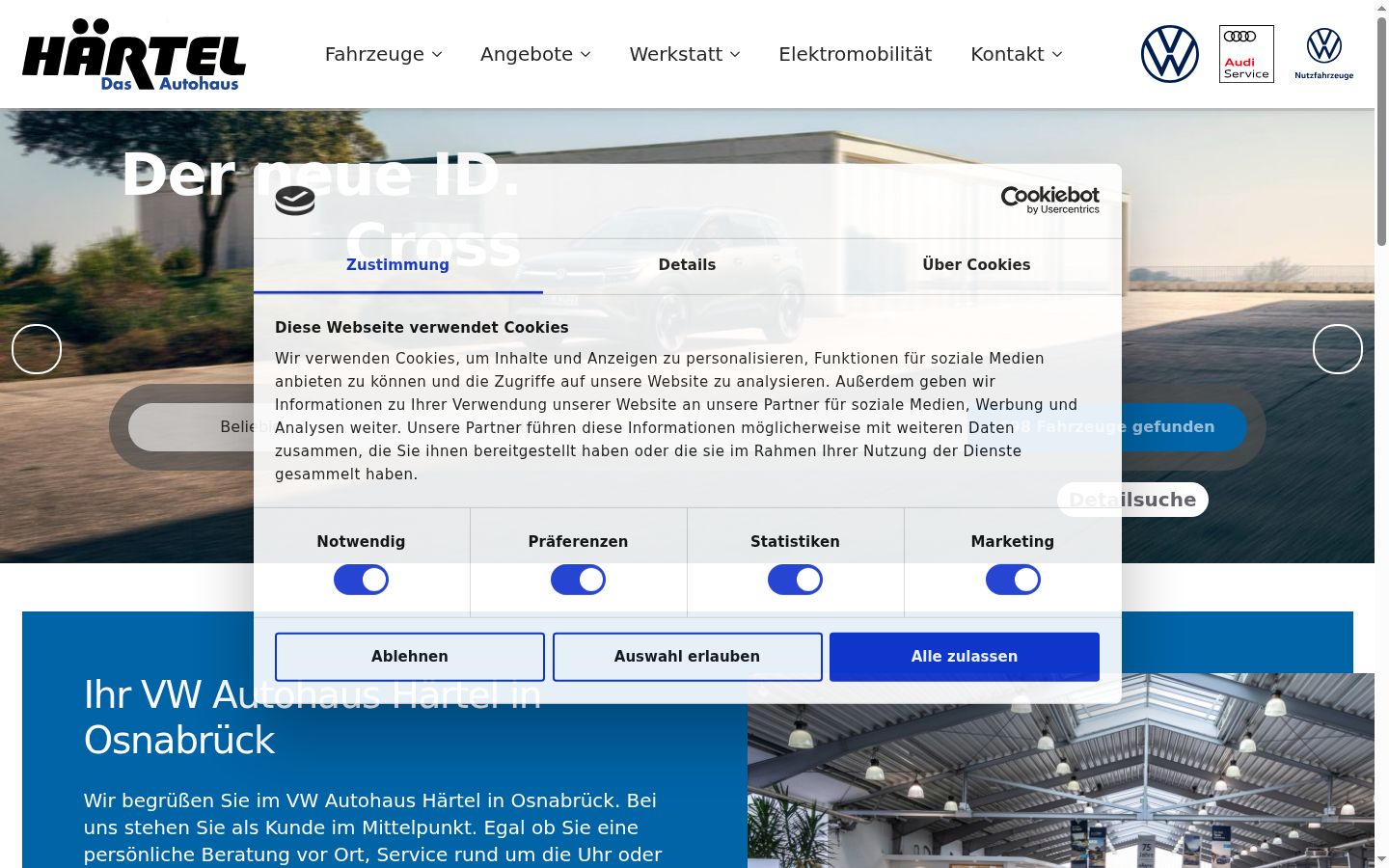 Screenshot des Einwilligungsbanners vor jeglicher Interaktion